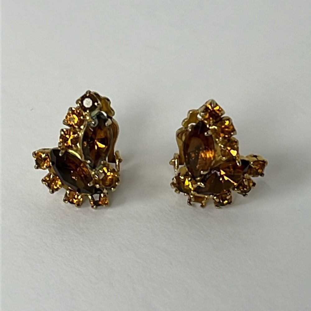 Vtg Brown Marquee Faux Topaz Rhinestone Gold Toned Clip On Statement Earrings